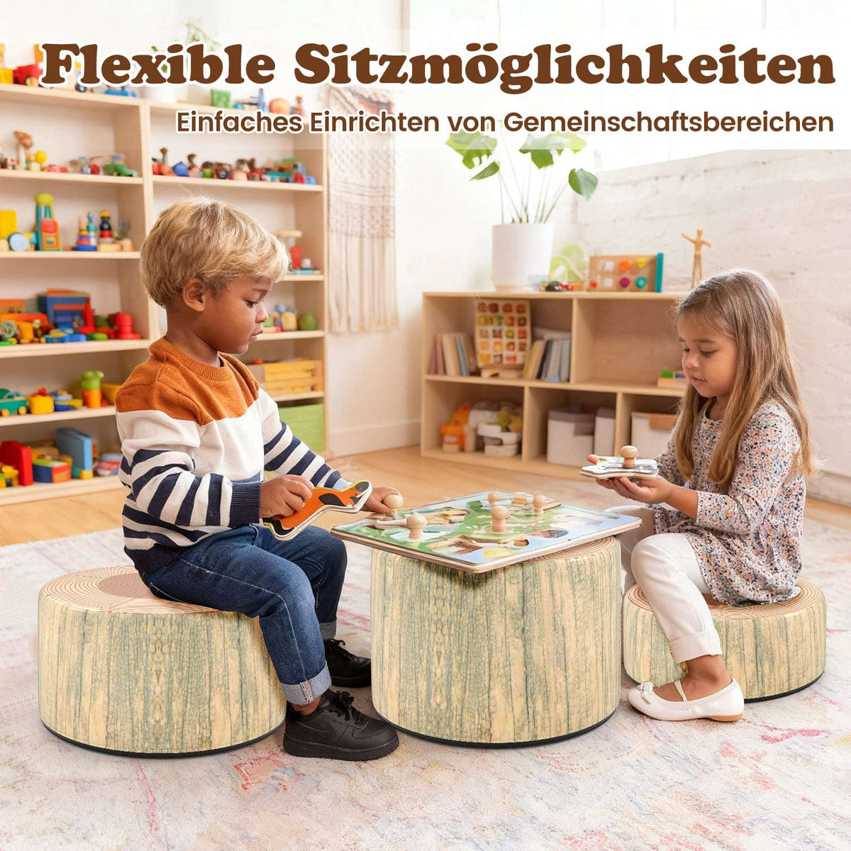 Children's Tree Stump Stool Set, 3-Piece, Green
