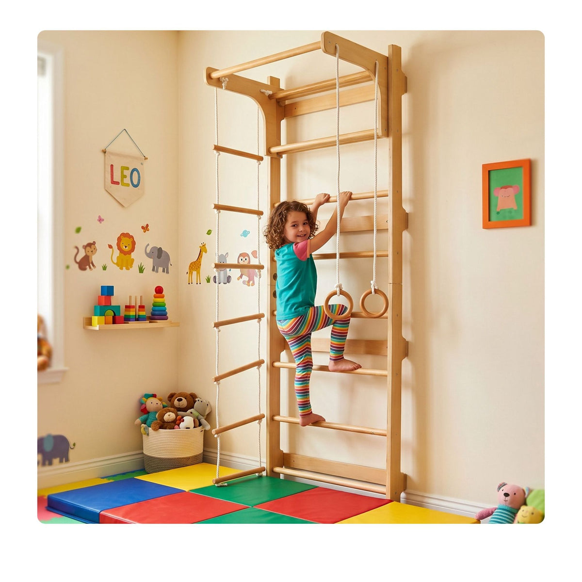 Children's Wall Bars with Pull-Up Bar, Natural Wood