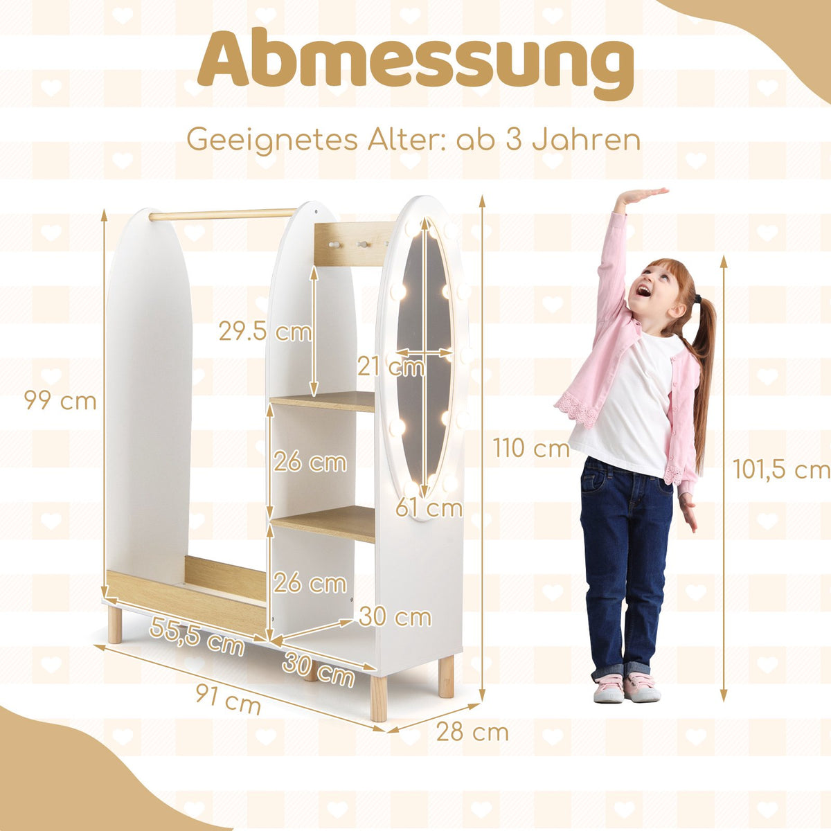 Children's Wardrobe with LED Mirror and Storage Shelves