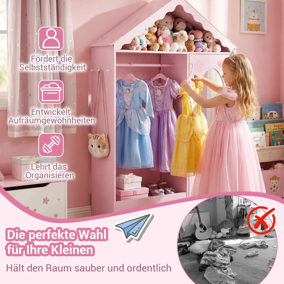 Children's Wardrobe with Mirror, Pink/White, Roof Design