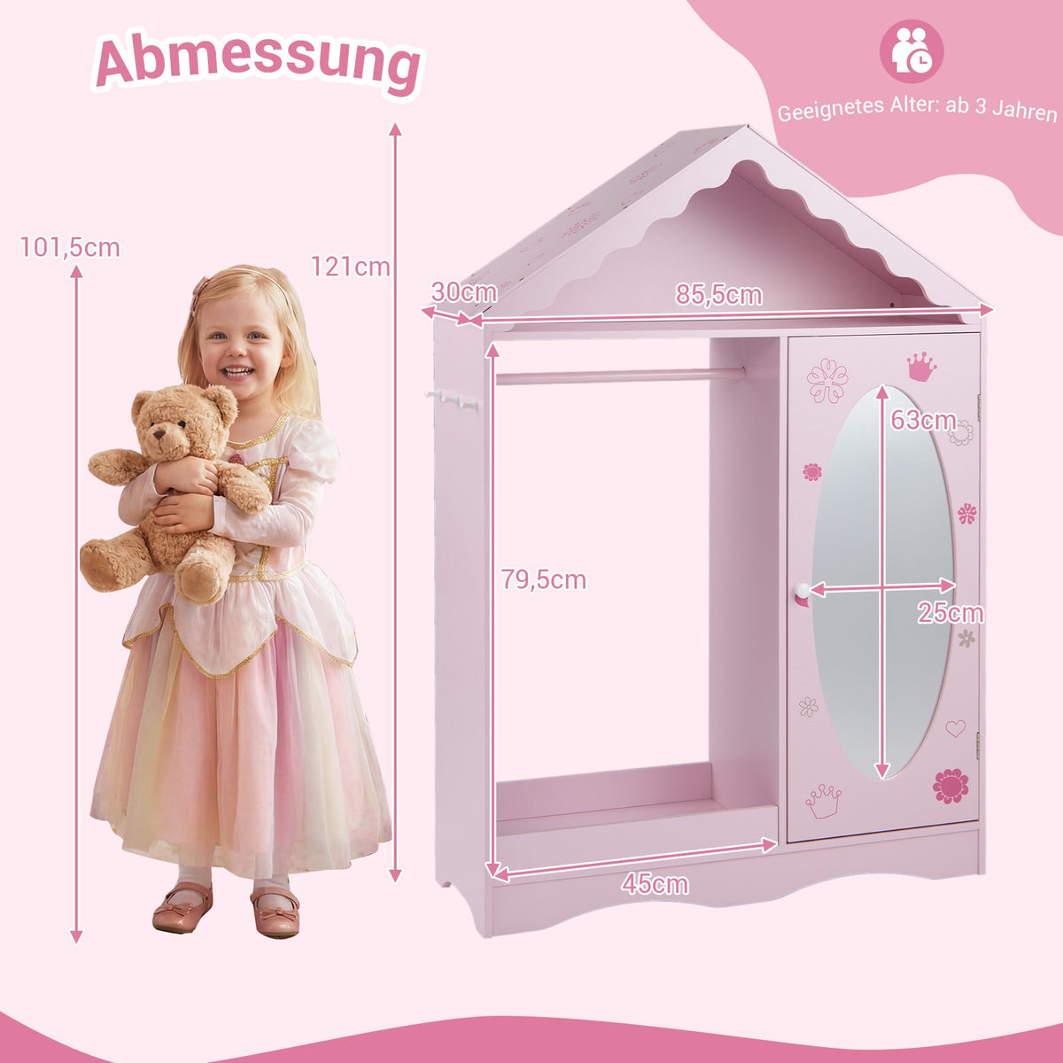 Children's Wardrobe with Mirror, Pink/White, Roof Design
