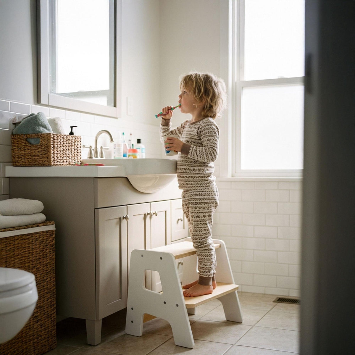 Children's White Wooden Step Stool – 2 Steps, Non-Slip