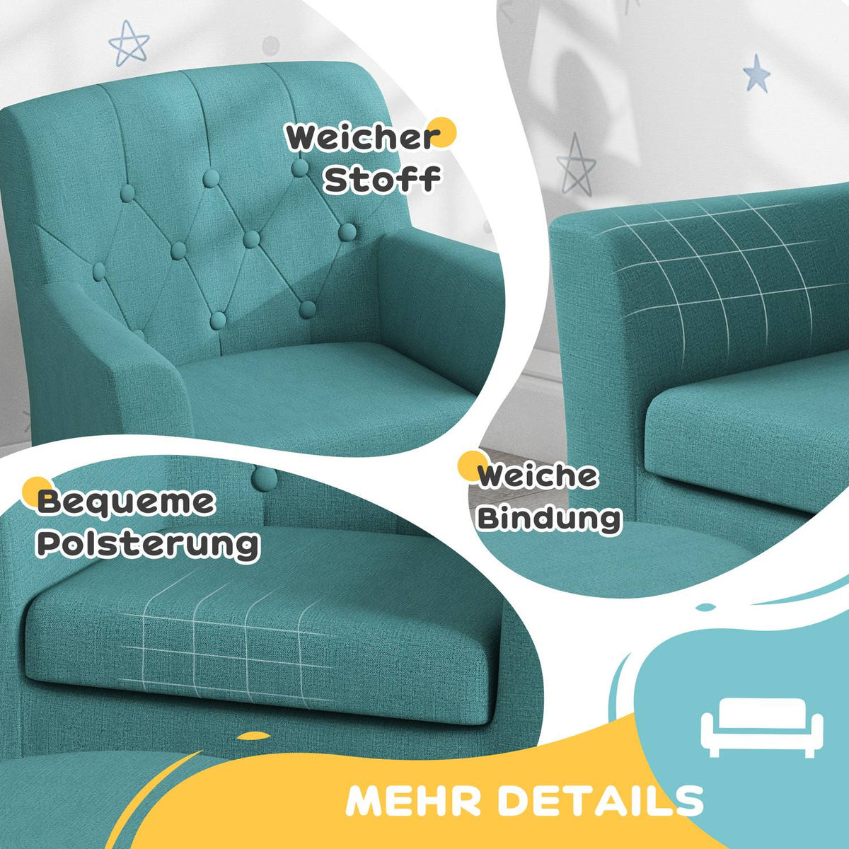 Children's armchair, children's sofa with footstool, children's couch from 18 months, children's furniture, children's room, linen look, eucalyptus wood, blue, 45 x 43 x 50.5 cm