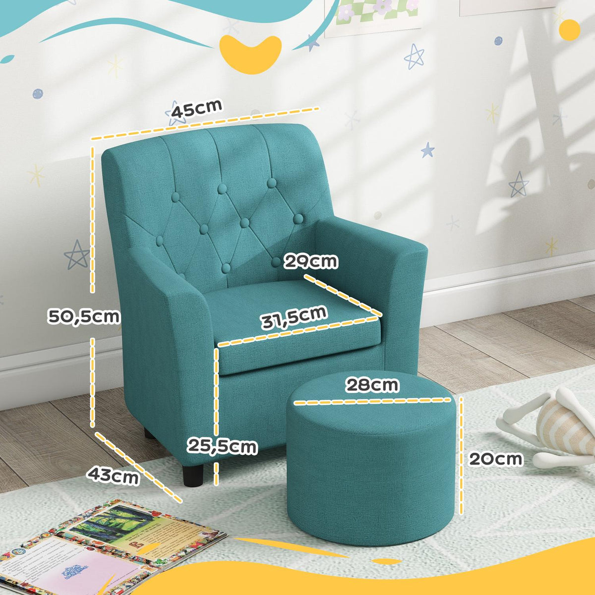 Children's armchair, children's sofa with footstool, children's couch from 18 months, children's furniture, children's room, linen look, eucalyptus wood, blue, 45 x 43 x 50.5 cm
