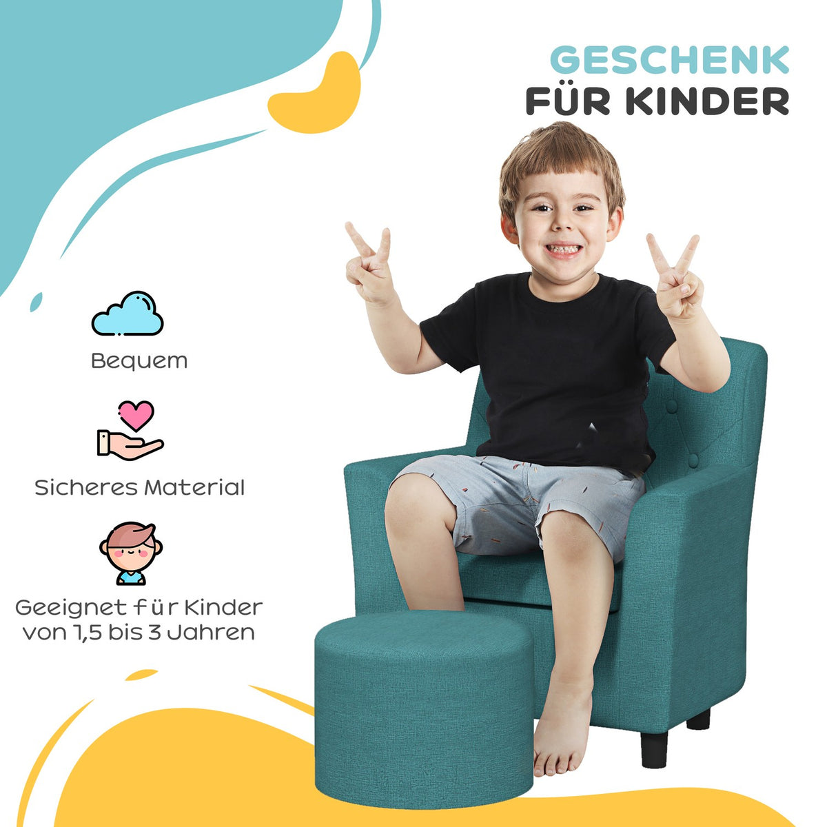 Children's armchair, children's sofa with footstool, children's couch from 18 months, children's furniture, children's room, linen look, eucalyptus wood, blue, 45 x 43 x 50.5 cm