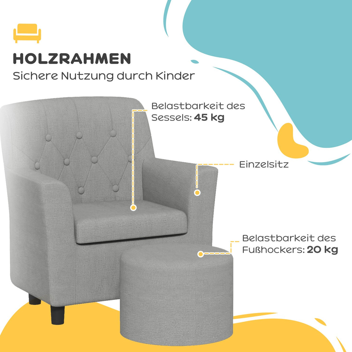 Children's armchair, children's sofa with footstool, children's couch from 18 months, children's furniture, children's room, linen look, eucalyptus wood, gray, 45 x 43 x 50.5 cm