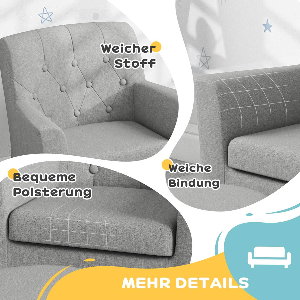Children's armchair, children's sofa with footstool, children's couch from 18 months, children's furniture, children's room, linen look, eucalyptus wood, gray, 45 x 43 x 50.5 cm