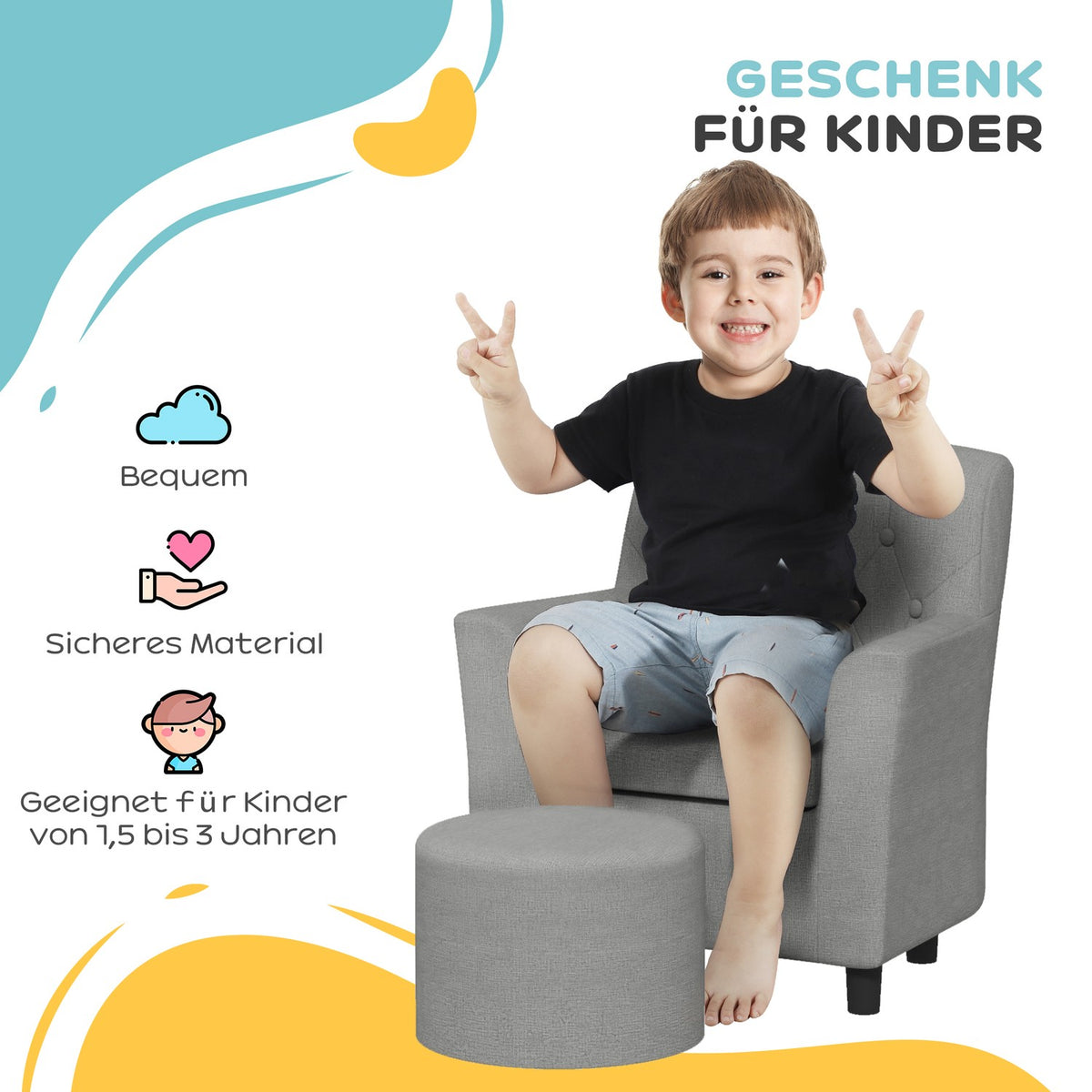 Children's armchair, children's sofa with footstool, children's couch from 18 months, children's furniture, children's room, linen look, eucalyptus wood, gray, 45 x 43 x 50.5 cm
