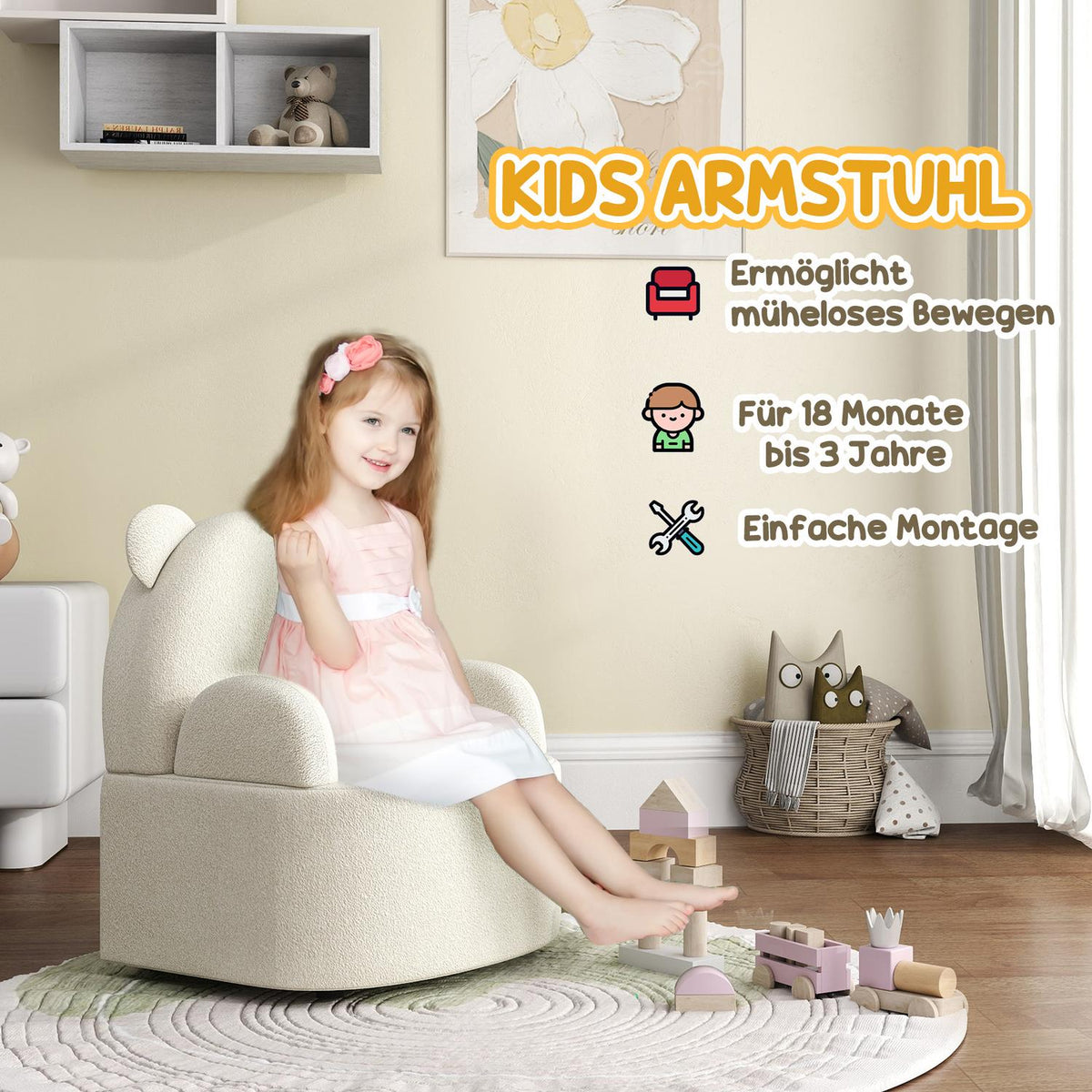 Children's armchair, children's sofa with soft teddy fleece, bear shape, children's chair for children 1.5-3 years, children's room, playroom, beige