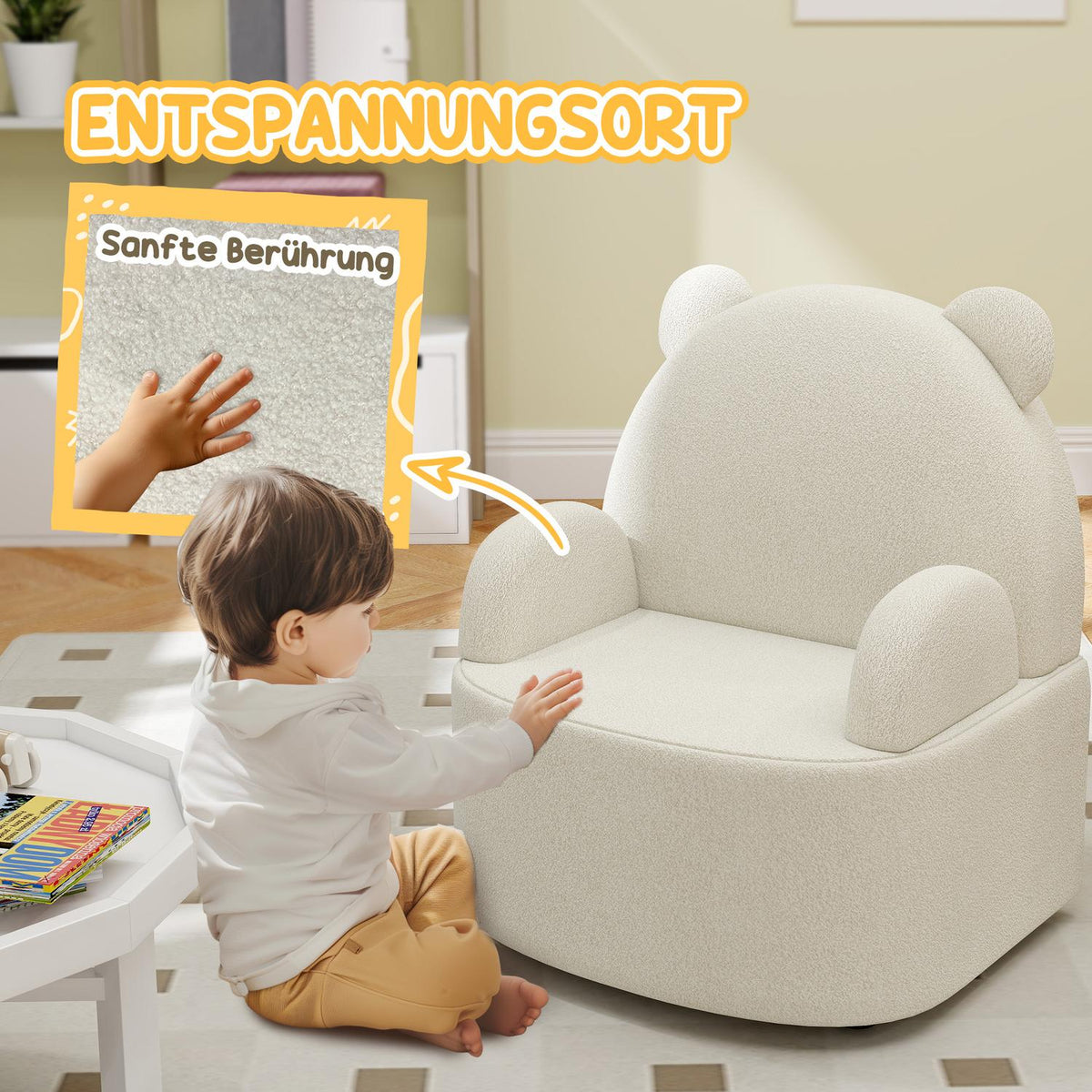 Children's armchair, children's sofa with soft teddy fleece, bear shape, children's chair for children 1.5-3 years, children's room, playroom, beige