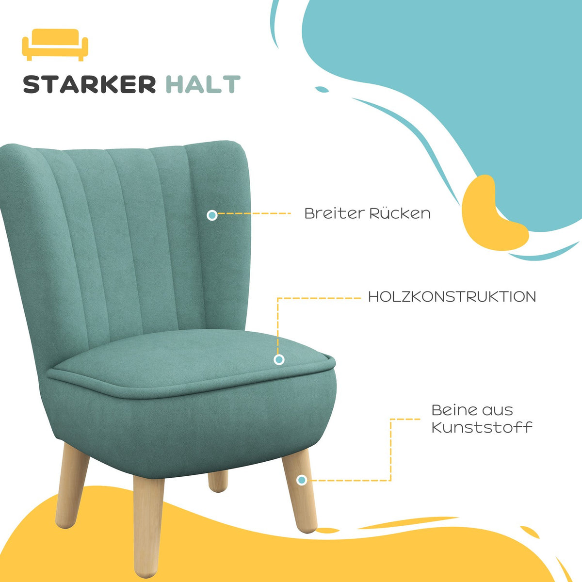 Children's armchair, children's sofa with velvet look, wooden legs, children's chair for children 3-7 years, children's room, playroom, light blue