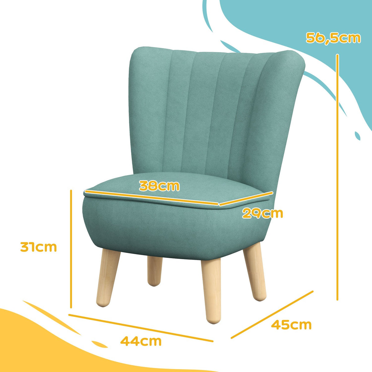 Children's armchair, children's sofa with velvet look, wooden legs, children's chair for children 3-7 years, children's room, playroom, light blue