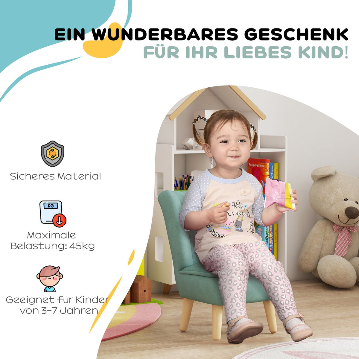 Children's armchair, children's sofa with velvet look, wooden legs, children's chair for children 3-7 years, children's room, playroom, light blue