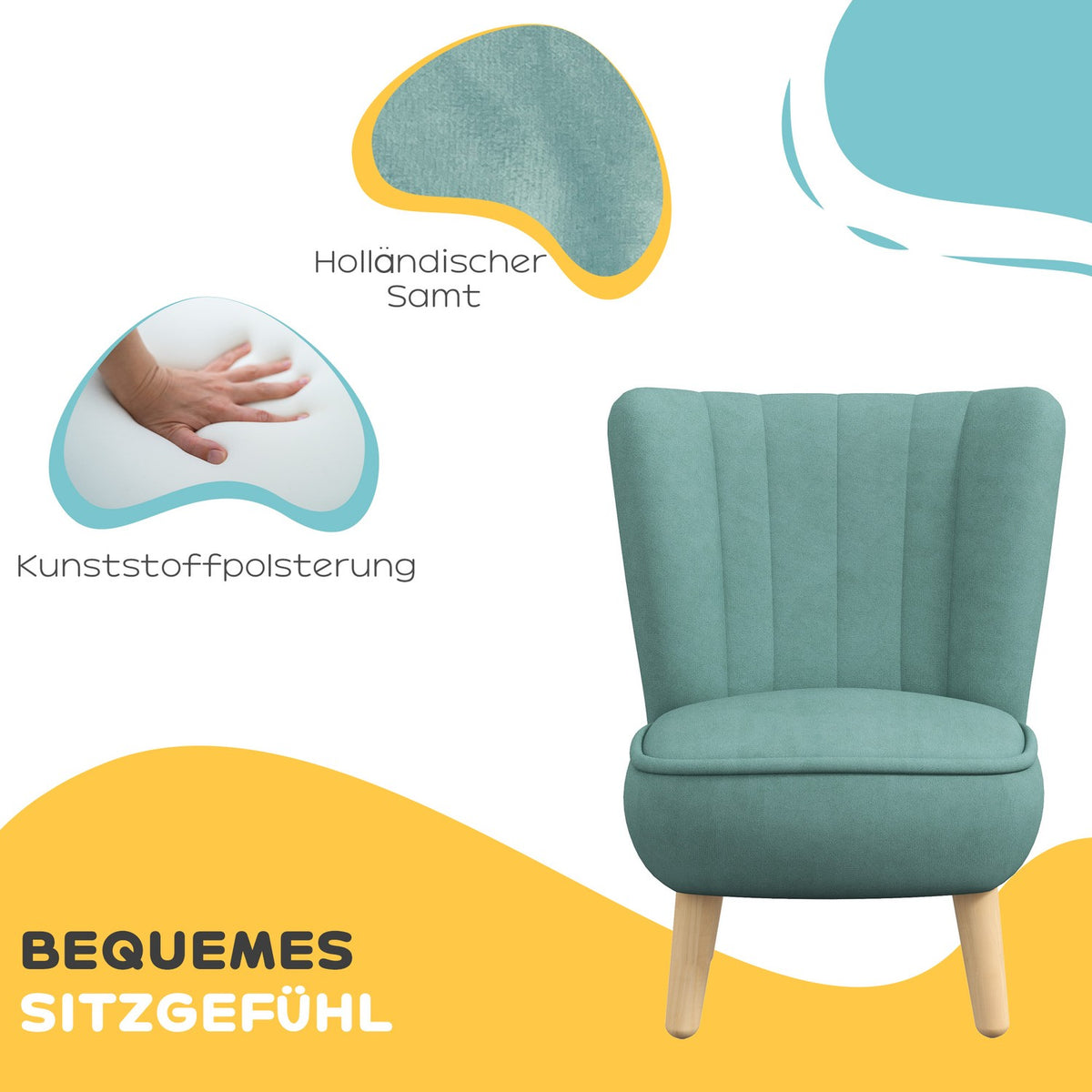 Children's armchair, children's sofa with velvet look, wooden legs, children's chair for children 3-7 years, children's room, playroom, light blue