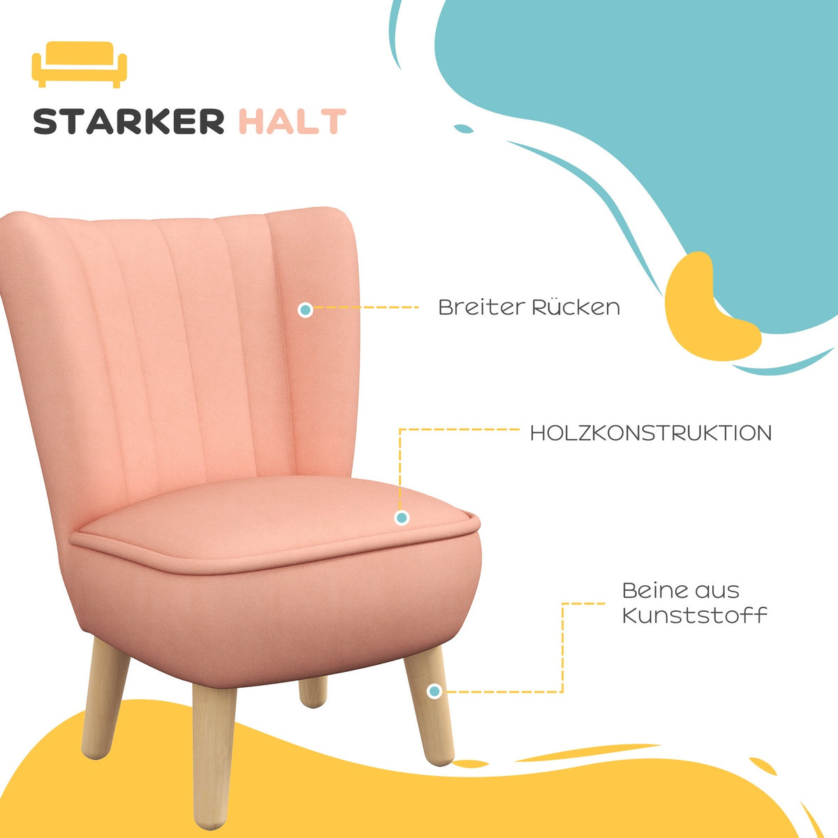 Children's armchair, children's sofa with velvet look, wooden legs, children's chair for children 3-7 years, children's room, playroom, pink