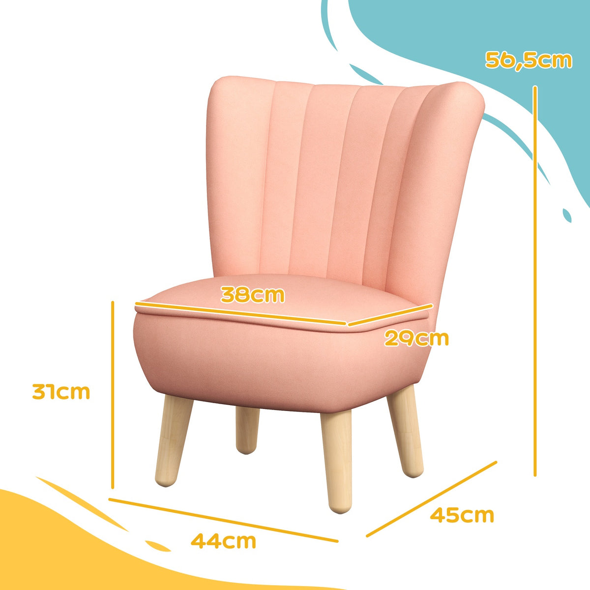 Children's armchair, children's sofa with velvet look, wooden legs, children's chair for children 3-7 years, children's room, playroom, pink