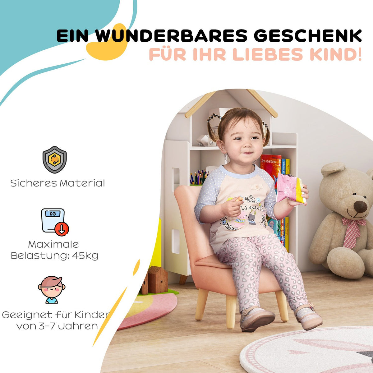 Children's armchair, children's sofa with velvet look, wooden legs, children's chair for children 3-7 years, children's room, playroom, pink