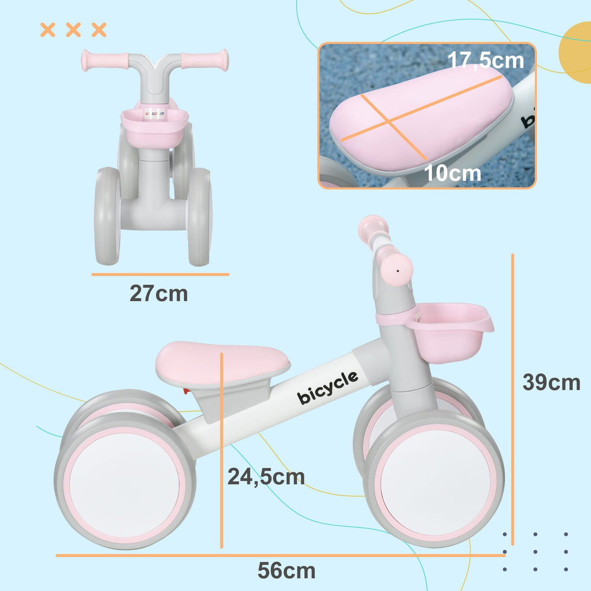 Children's balance bike from 1 year, slip bike with TPU wheels, no screws, gift for boys/girls, pink and white, 56 x 27 x 39 cm