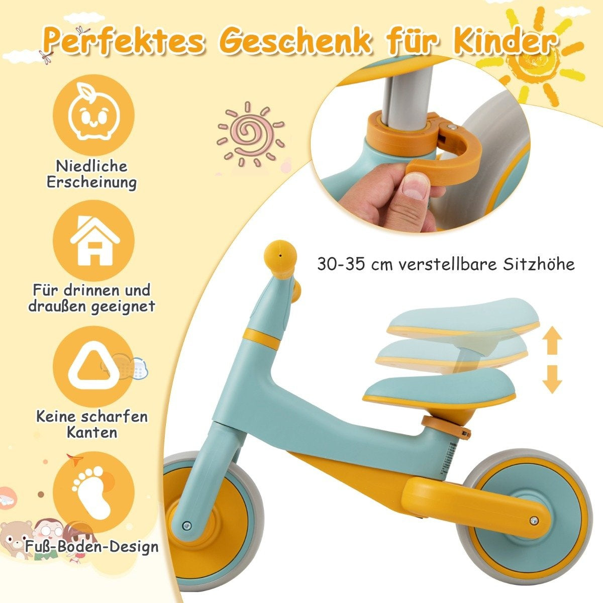 Children's balance bike without pedal, height-adjustable balance bike with limited steering and 2 wheels, blue