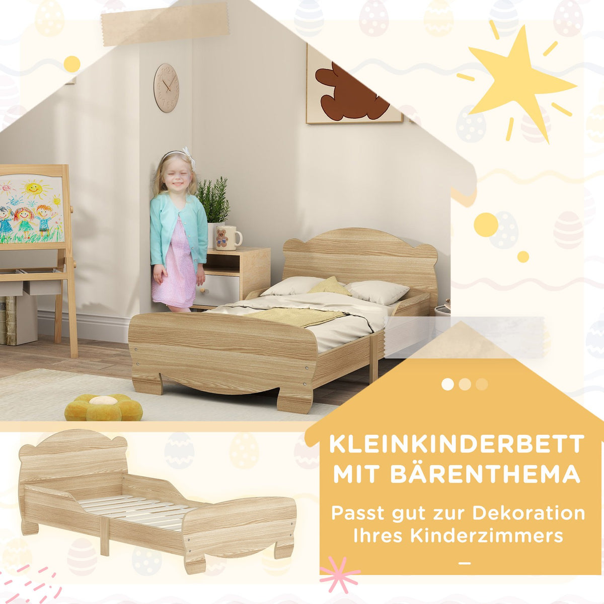 Children's bed 143.5 x 80 cm, house bed made of solid wood, youth bed with fall protection, play bed can hold up to 80 kg, single bed with bear design for children's room, natural wood
