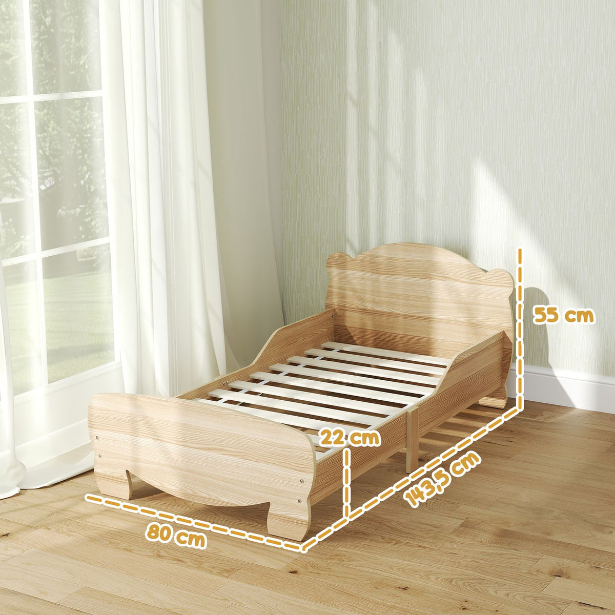 Children's bed 143.5 x 80 cm, house bed made of solid wood, youth bed with fall protection, play bed can hold up to 80 kg, single bed with bear design for children's room, natural wood