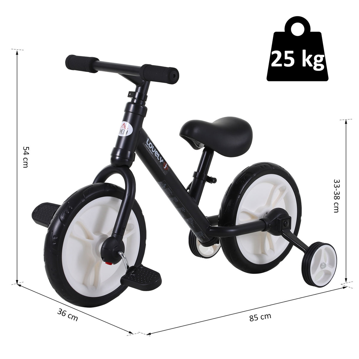 Children's bicycle balance bike with training wheels, pedals, seat height adjustable, for 2-5 years, PP, black