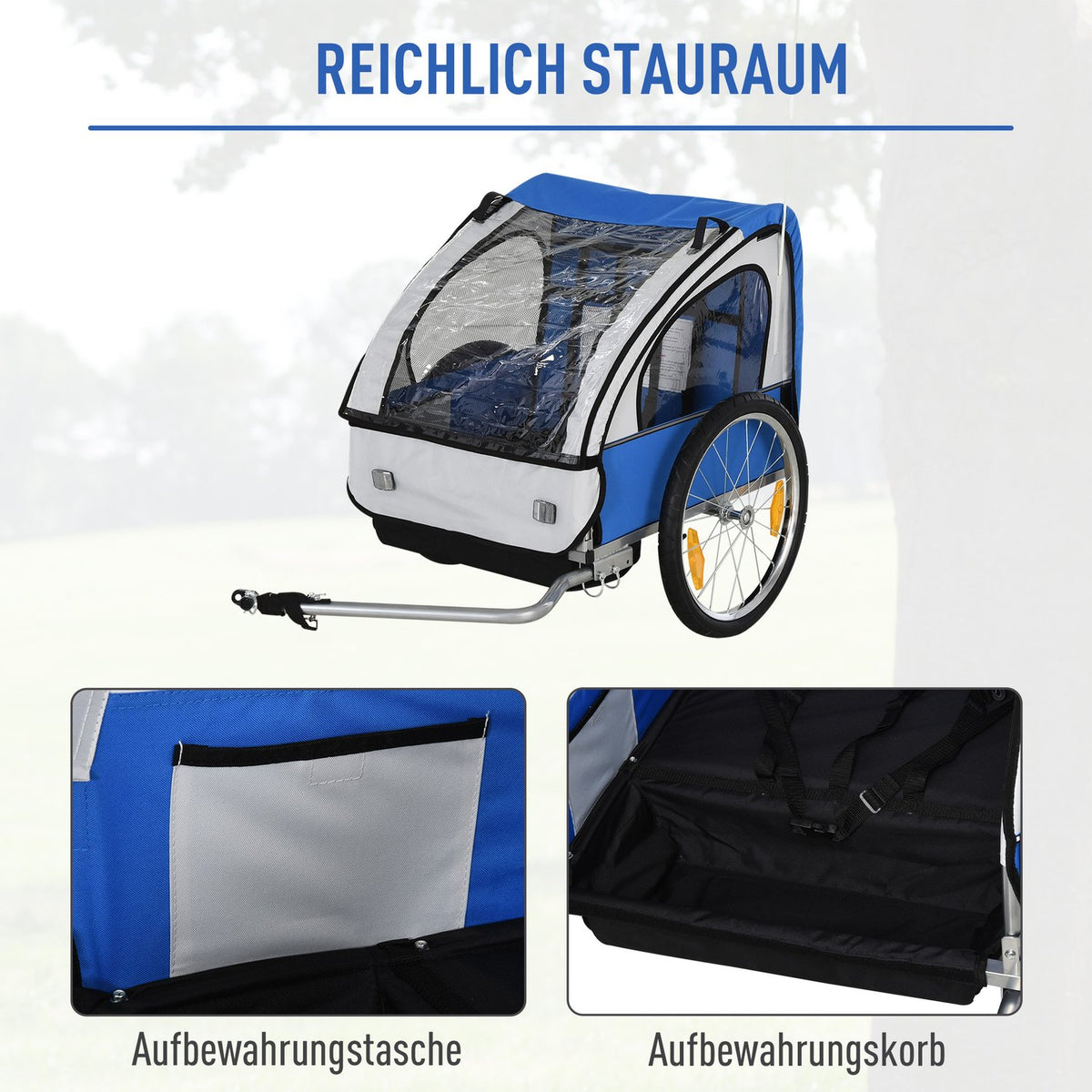 Children's bicycle trailer, for 2 children, steel frame, seat carrier with safety belt, for children from 18 months, Oxford fabric