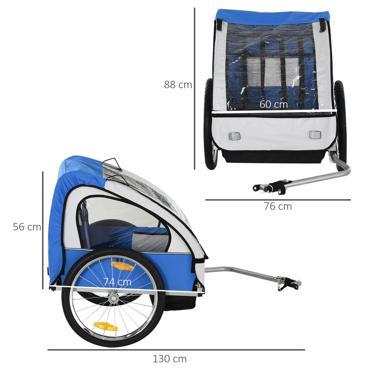 Children's bicycle trailer, for 2 children, steel frame, seat carrier with safety belt, for children from 18 months, Oxford fabric