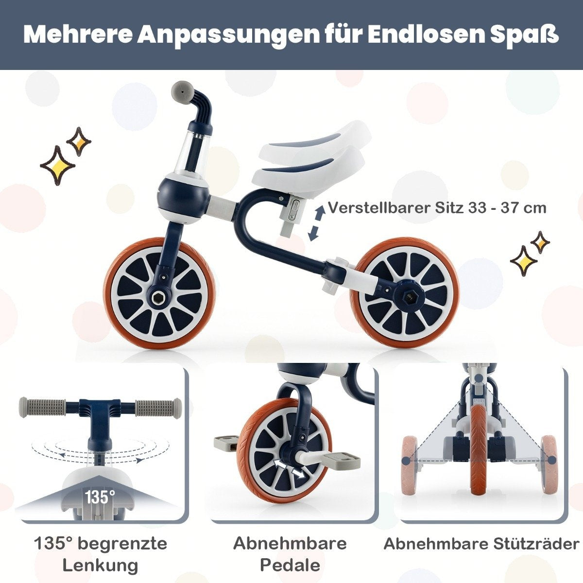 Children's bike 4-in-1 preschool bike with parent push handle 37 x 72 x 101 cm navy