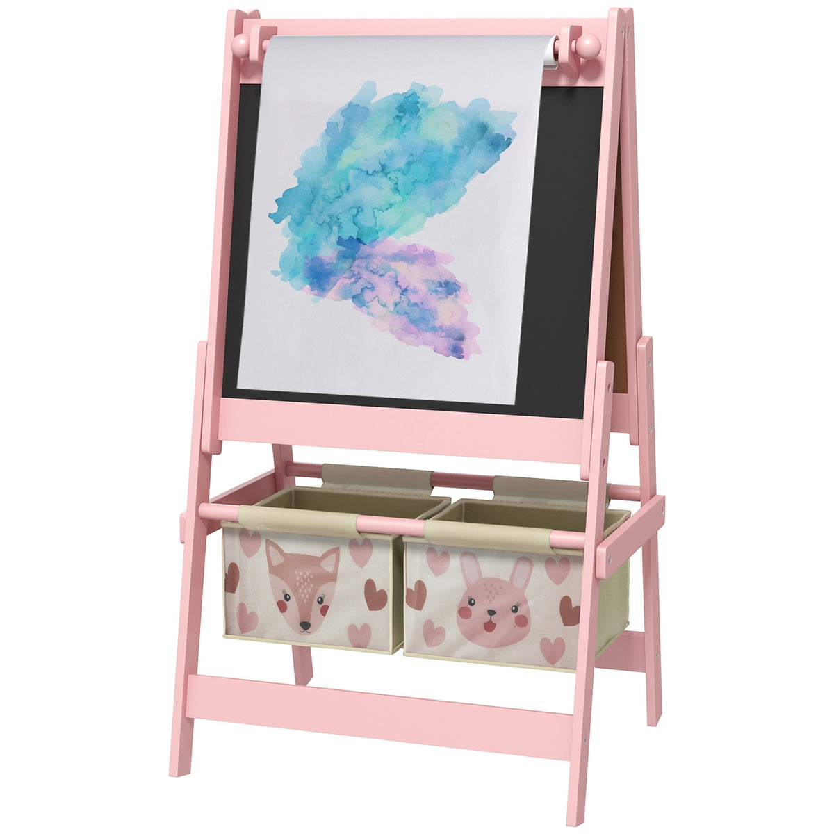 Children's board, 3 in 1 children's easel, standing board with paper roll, storage baskets, whiteboard, 54 x 46.5 x 93 cm, pink
