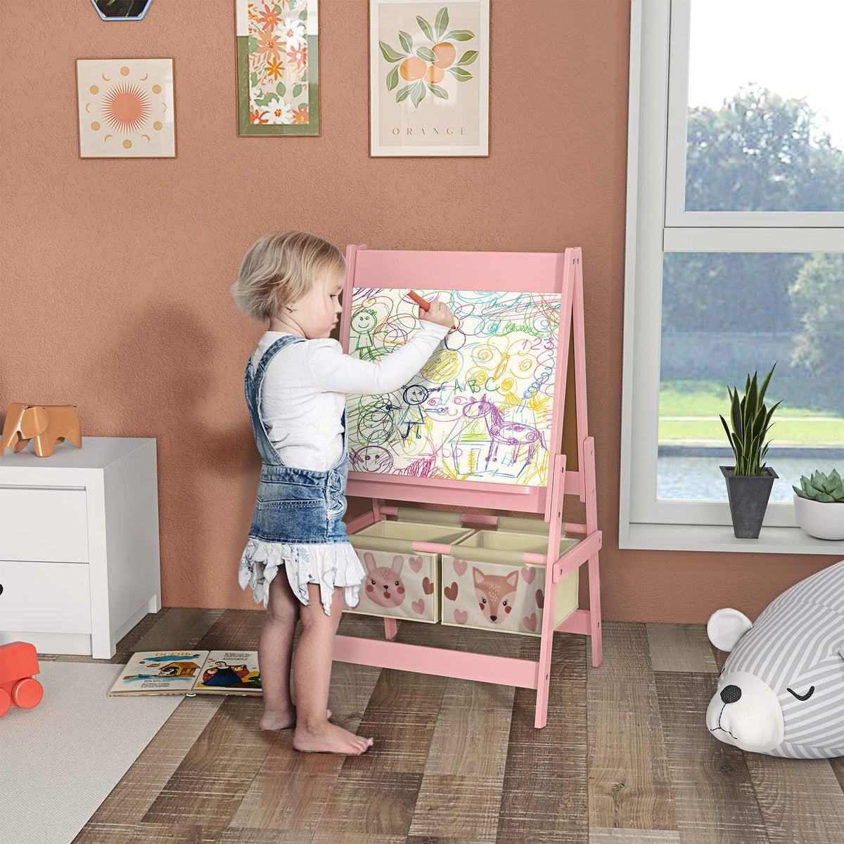 Children's board, 3 in 1 children's easel, standing board with paper roll, storage baskets, whiteboard, 54 x 46.5 x 93 cm, pink