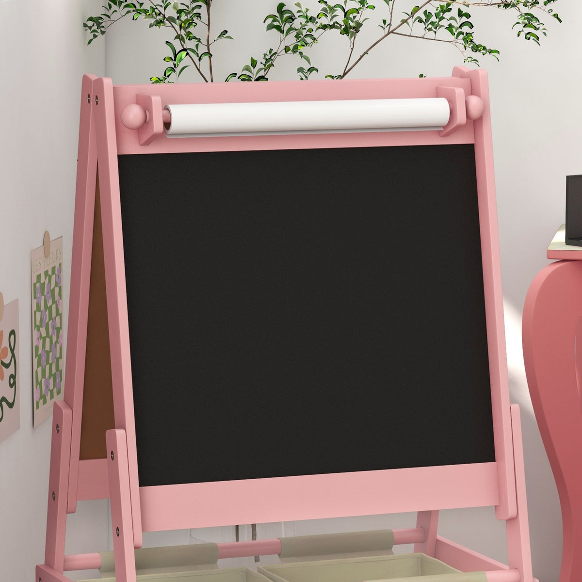 Children's board, 3 in 1 children's easel, standing board with paper roll, storage baskets, whiteboard, 54 x 46.5 x 93 cm, pink