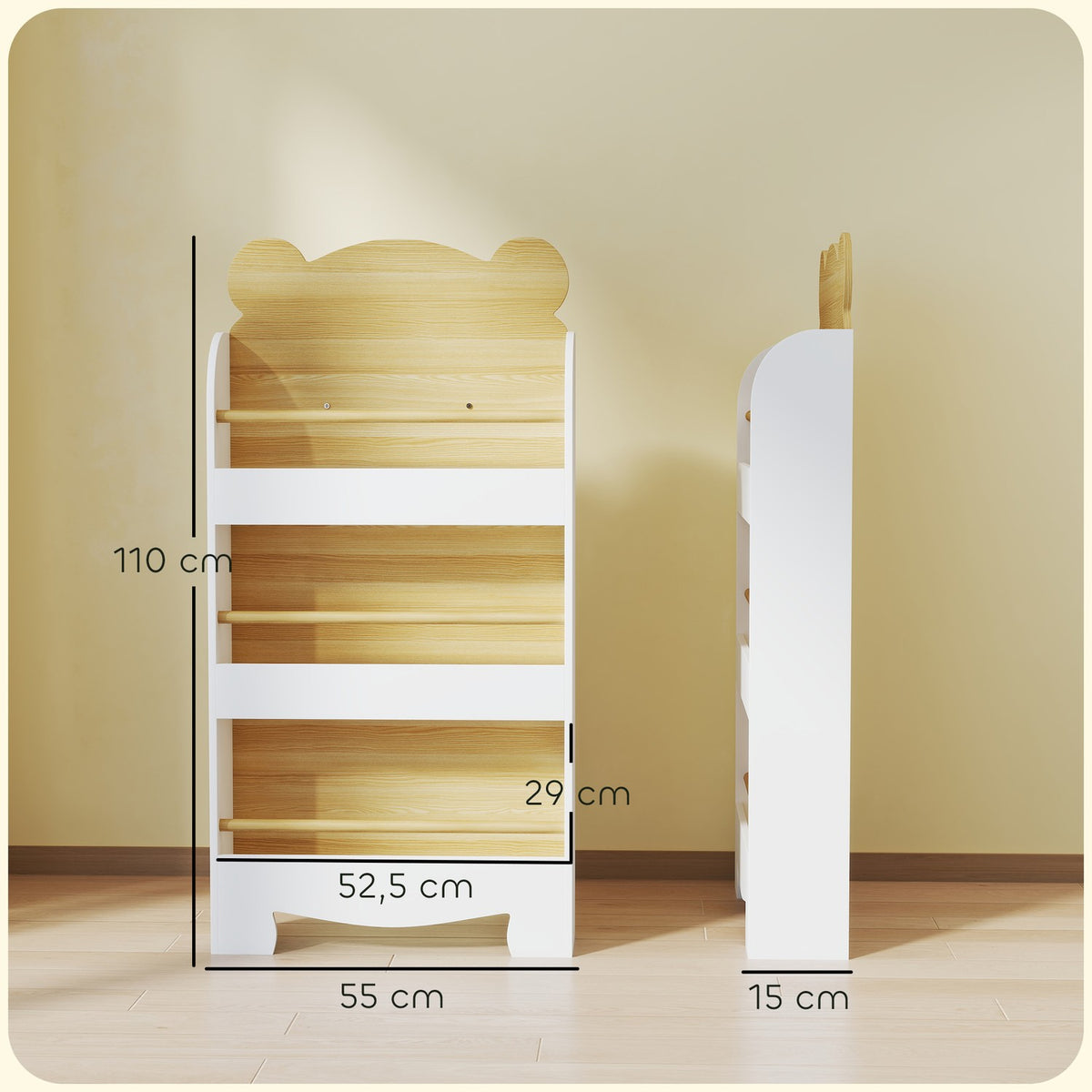 Children's bookcase with 3 shelves, wooden storage shelf, 55 x 15 x 110 cm, white