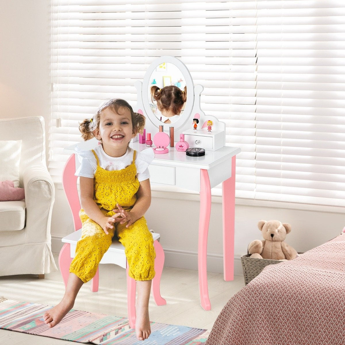 Children's dressing table with stool Princess dressing table with 3 drawers & mirror white