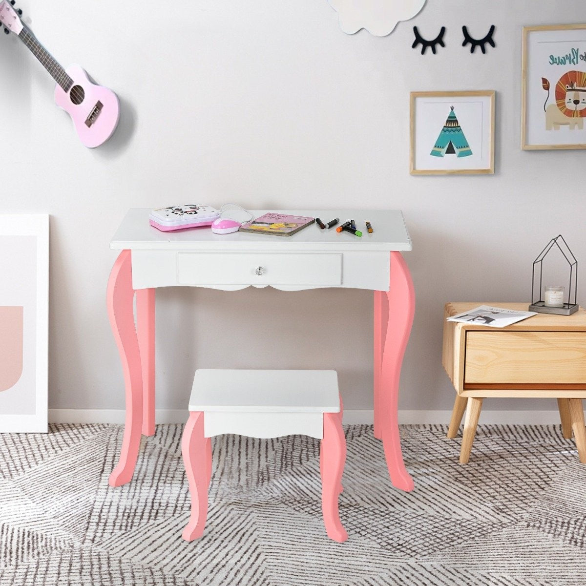 Children's dressing table with stool Princess dressing table with 3 drawers & mirror white