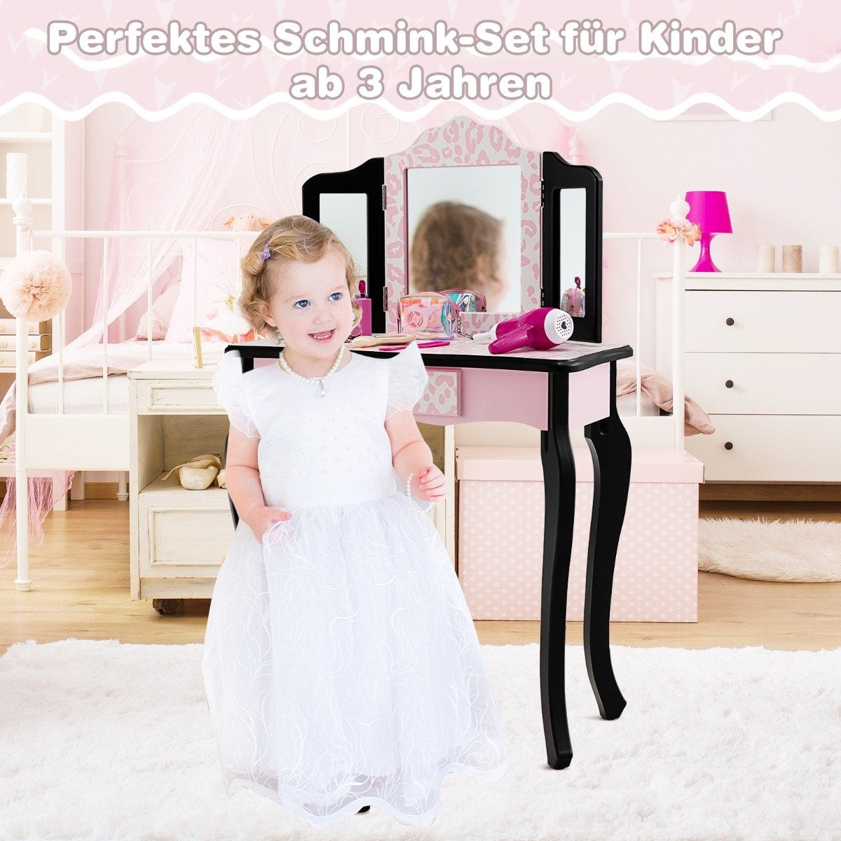 Children's dressing table with stool & tri-fold mirror & drawer leopard