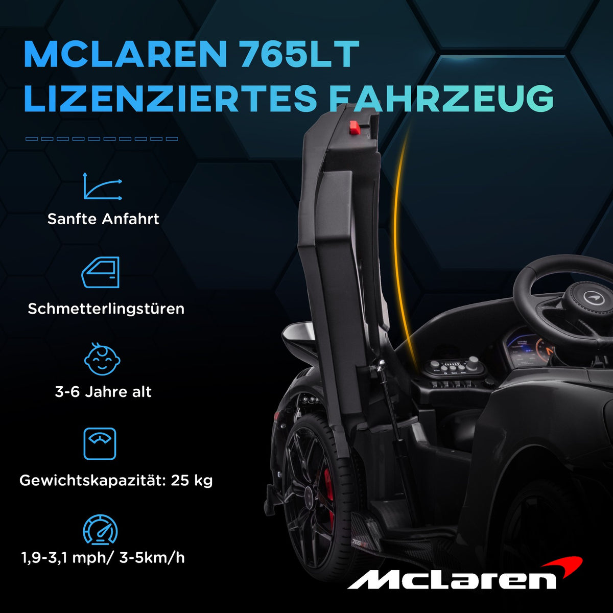 Children's electric car 12 V children's car with 2.4G remote control, MP3 music, electric vehicle with horn, lights, double doors, soft start, 3-5 km/h, for 3-6 years children, black