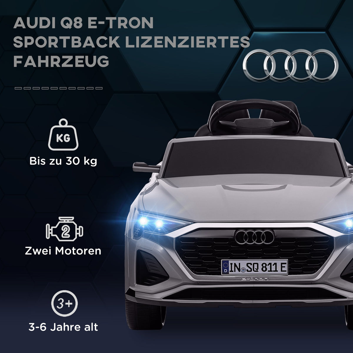 Children's electric car 12V children's car with 2.4G remote control, MP3 music & horn, electric vehicle with headlight, 4 suspended wheels, 3-5 km/h, for 3-6 years children, gray