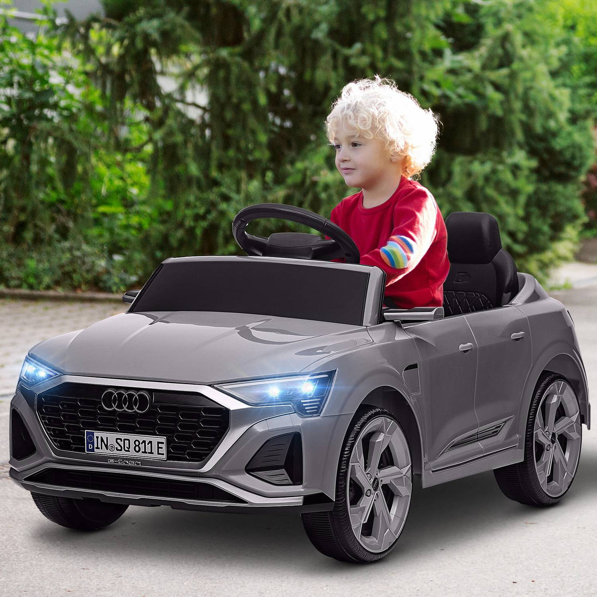 Children's electric car 12V children's car with 2.4G remote control, MP3 music & horn, electric vehicle with headlight, 4 suspended wheels, 3-5 km/h, for 3-6 years children, gray
