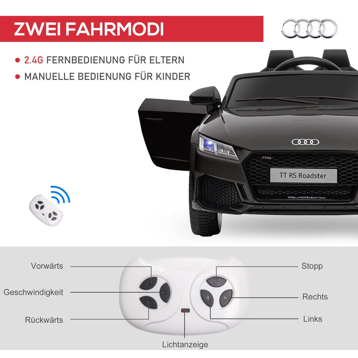 Children's electric car 12V children's car with 2.4G remote control, music, electric vehicle with light, USB/MP3 port, reverse function, up to 3 km/h, for children 3-5 years, black