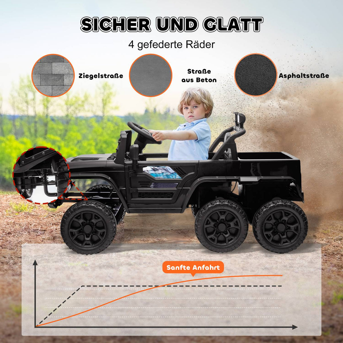 Children's electric car, 12 V off-road vehicle with 2.4G remote control, trailer, children's vehicle with LED light, soft start, music and horn, 2.5-4 km/h, for 3-8 years children, black