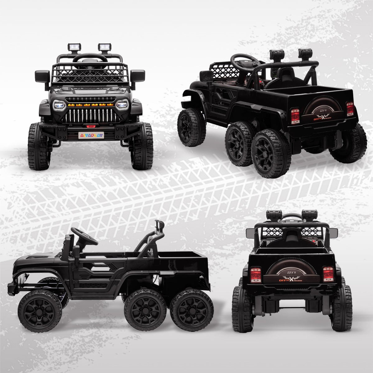 Children's electric car, 12 V off-road vehicle with 2.4G remote control, trailer, children's vehicle with LED light, soft start, music and horn, 2.5-4 km/h, for 3-8 years children, black