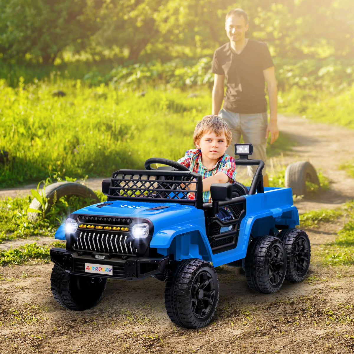 Children's electric car, 12 V off-road vehicle with 2.4G remote control, trailer, children's vehicle with LED light, soft start, music and horn, 2.5-4 km/h, for 3-8 years children, light blue