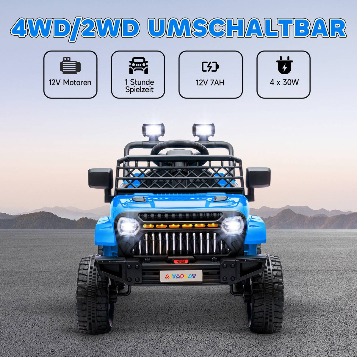 Children's electric car, 12 V off-road vehicle with 2.4G remote control, trailer, children's vehicle with LED light, soft start, music and horn, 2.5-4 km/h, for 3-8 years children, light blue