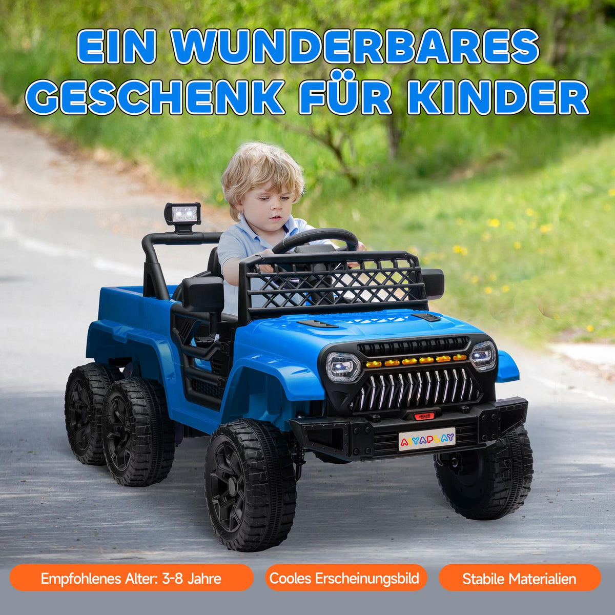 Children's electric car, 12 V off-road vehicle with 2.4G remote control, trailer, children's vehicle with LED light, soft start, music and horn, 2.5-4 km/h, for 3-8 years children, light blue