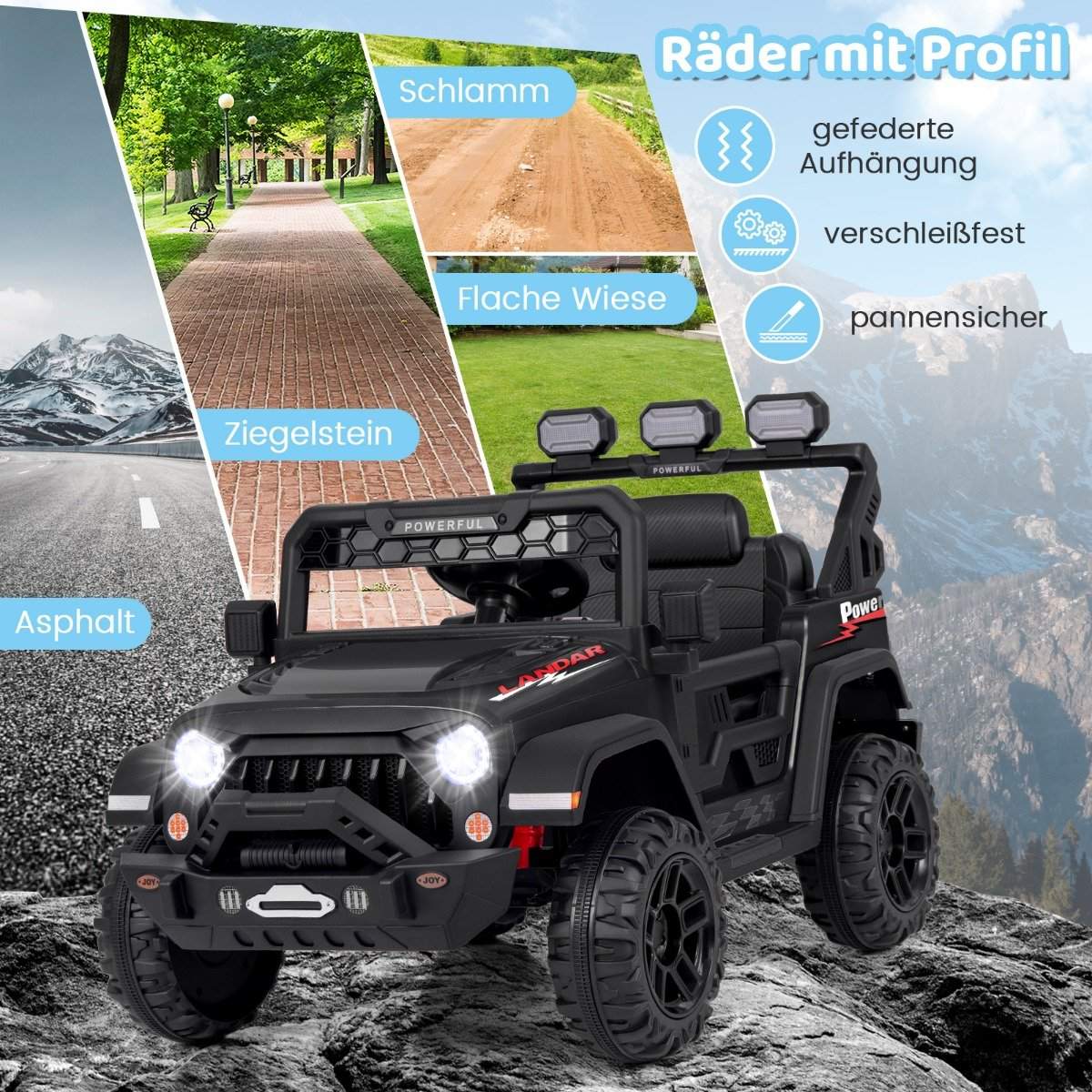 Children's electric car with 2.4G remote control & USB & Light & Music 12V Children's Car Jeep Car Black