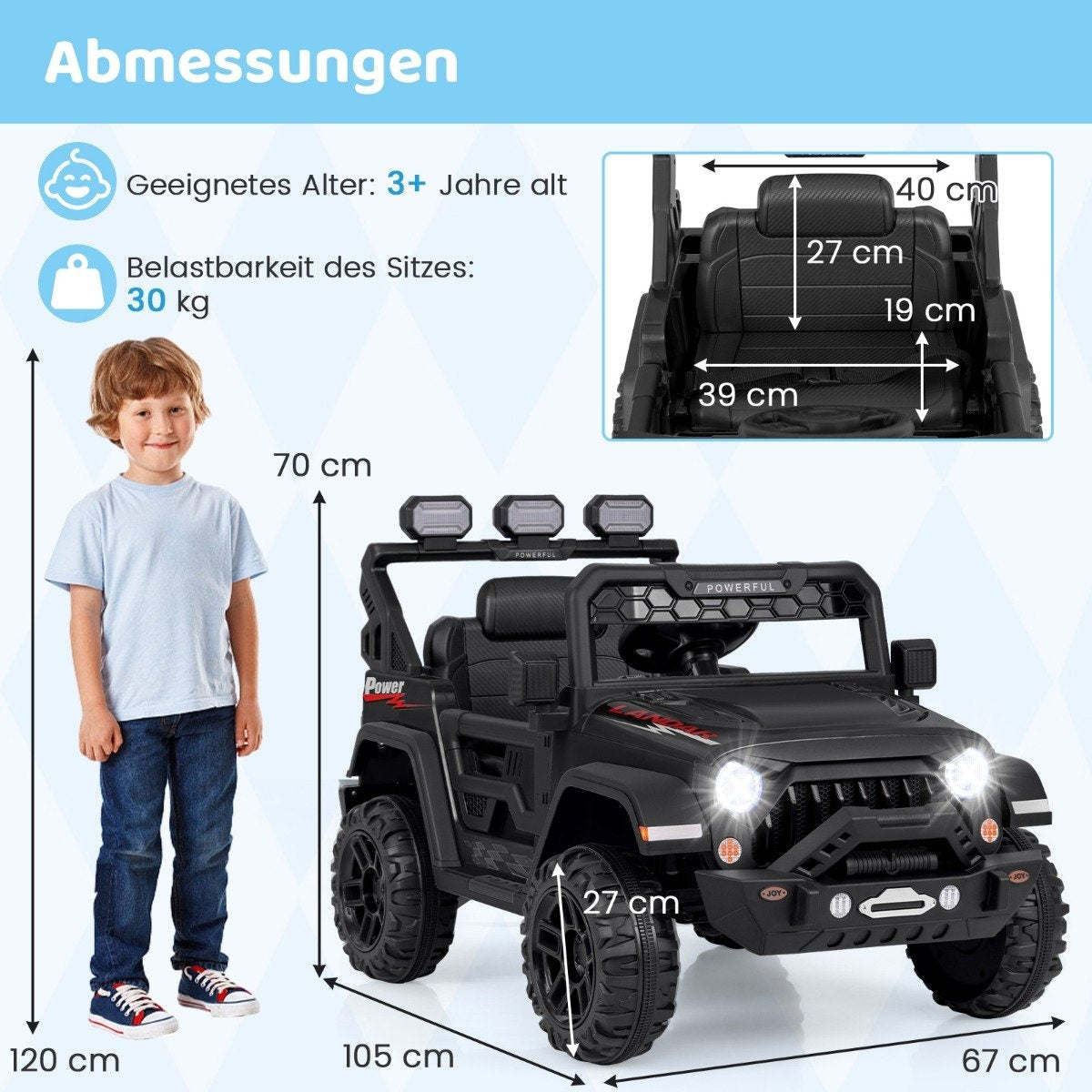 Children's electric car with 2.4G remote control & USB & Light & Music 12V Children's Car Jeep Car Black