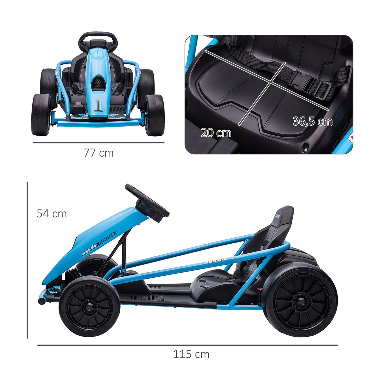 Children's electric go-kart 24 V drift kart with slow start, music, horn and seat belt, children's vehicle for 8-12 years children, blue