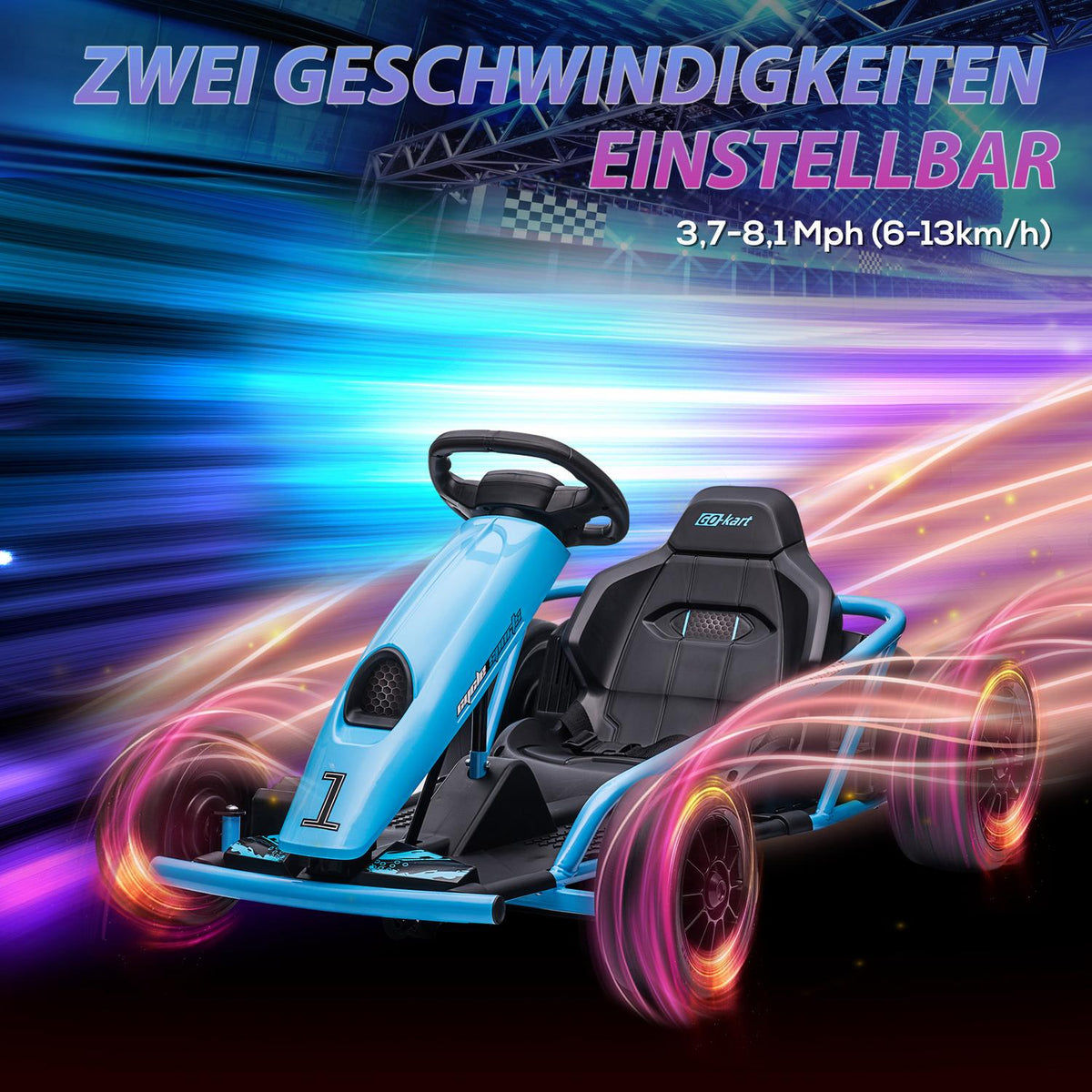 Children's electric go-kart 24 V drift kart with slow start, music, horn and seat belt, children's vehicle for 8-12 years children, blue