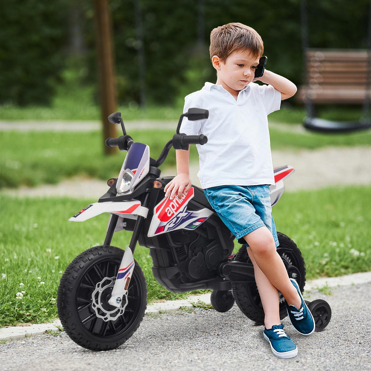 Children's electric motorcycle, 12V children's motorcycle with music, 6 km/h children's vehicle with removable training wheels, 12 inch plastic tires, for 3-8 years children, max. 30 kg, white